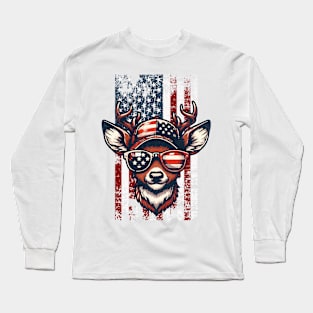 American Flag with Deer Wearing Sunglass Long Sleeve T-Shirt